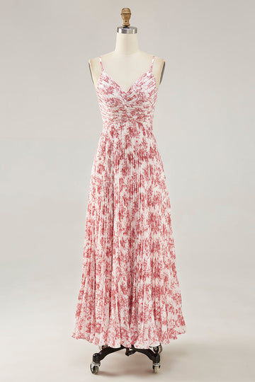 Blush Floral Pleated A Line Spaghetti Straps Long Wedding Guest Dress